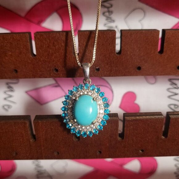 Sleeping Beauty Turquoise and Multi Gemstone Double Halo Pendant Necklace - Picture 4 of 8